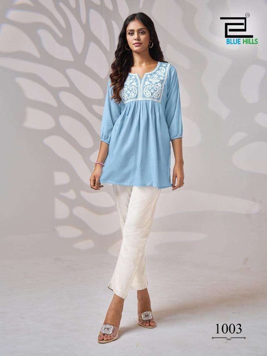 Trending Blue Lucknavi work Short Kurti Shopin Di Apparels