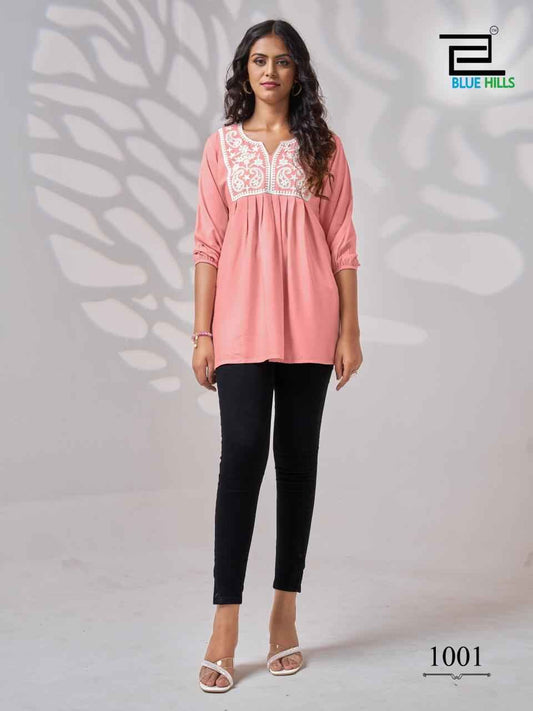 Trending Peach Lucknavi work Short Kurti Shopin Di Apparels