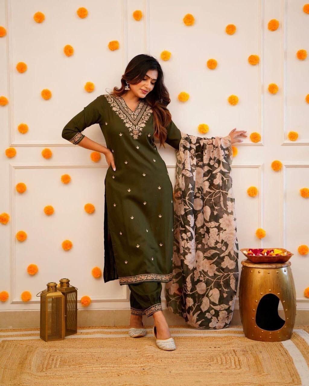 Trending Viscose Rayon Embroidered Kurti with Dupatta and Pant Set in 2 colors Kurti with Bottom and Dupatta Shopin Di Apparels