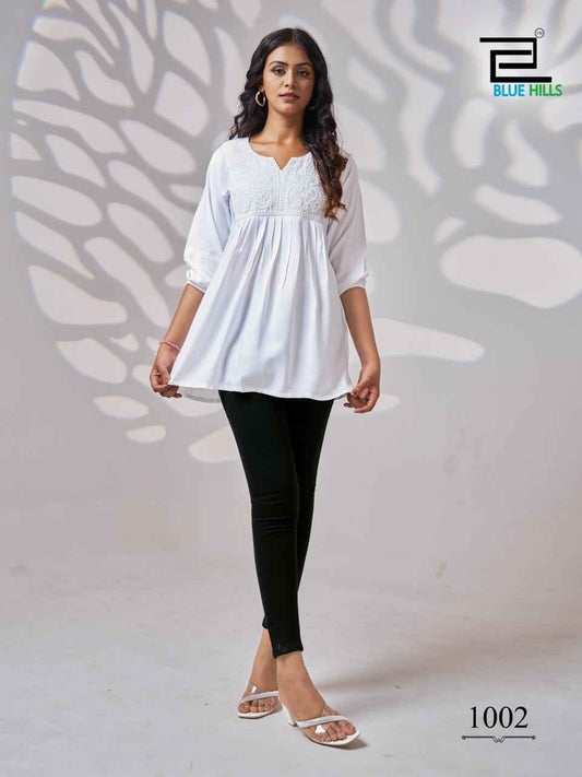 Trending White Lucknavi work Short Kurti Shopin Di Apparels