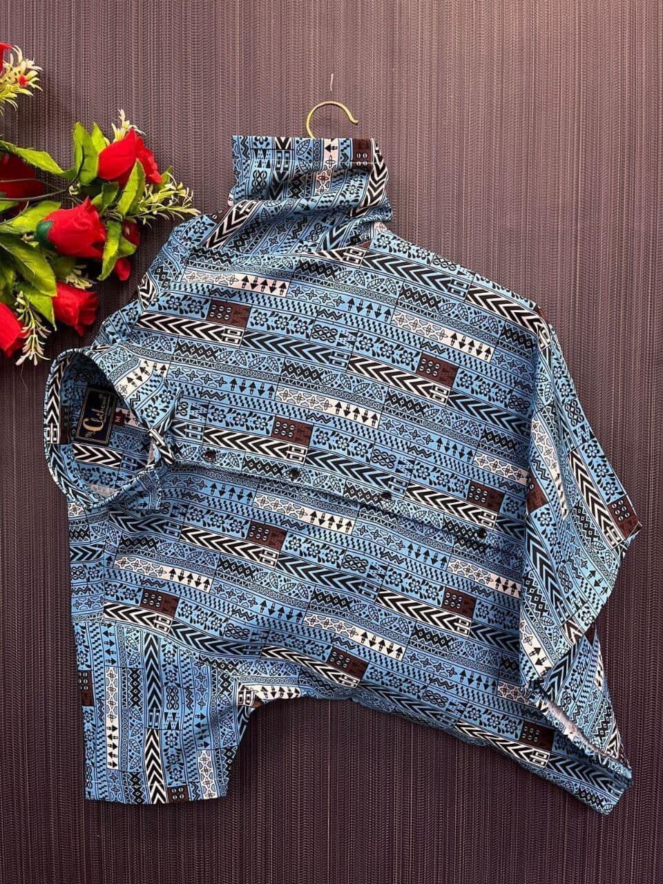 Tribal Blue Men’s Short Sleeve Cotton Shirt Men’s Shirt Shopin Di Apparels