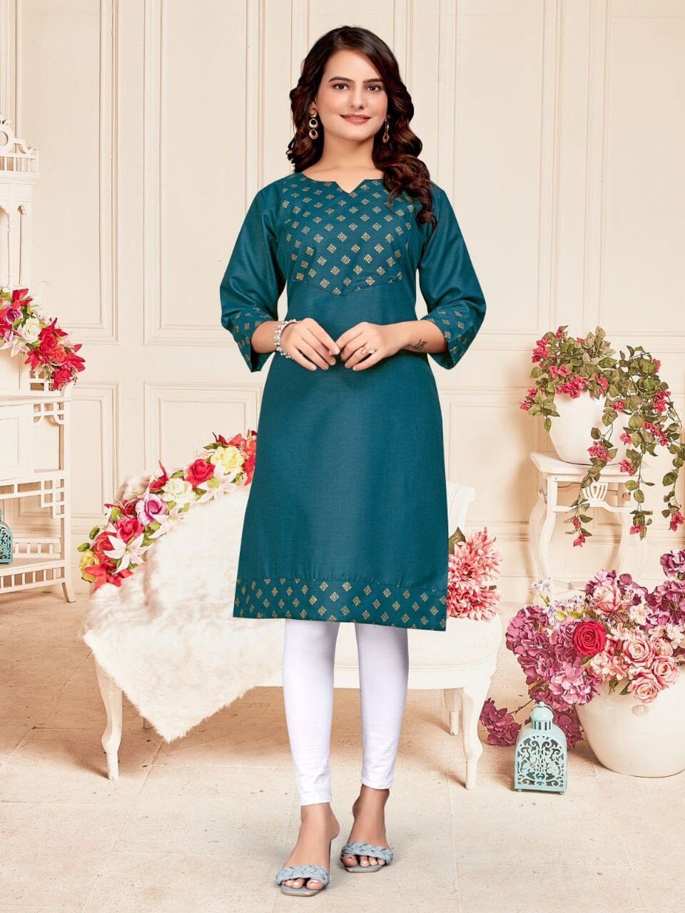 Turquoise Blue Cotton Kurti with Foil Print Kurti Shopin Di Apparels