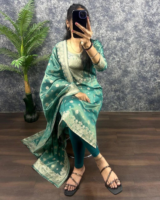 Turquoise Blue Jeqard Silk Kurti with Dupatta Kurti & Dupatta Shopin Di Apparels