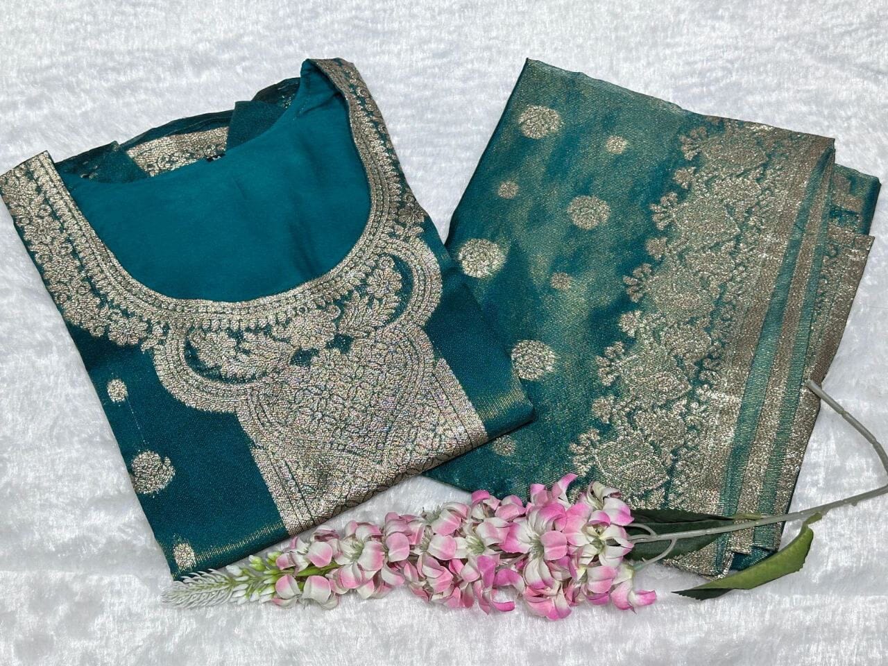 Turquoise Blue Jeqard Silk Kurti with Dupatta Kurti & Dupatta Shopin Di Apparels