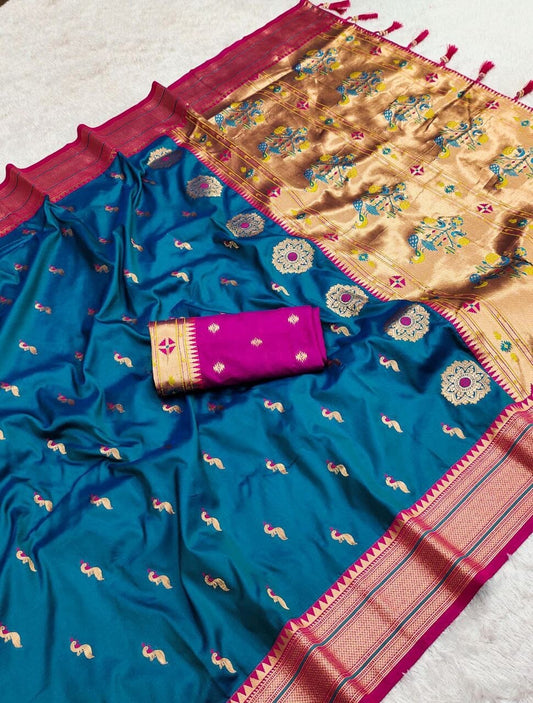 Turquoise Blue Peacock Paithani Silk Saree with Zari Meenakari Weaving & Tassels Silk Saree Shopin Di Apparels