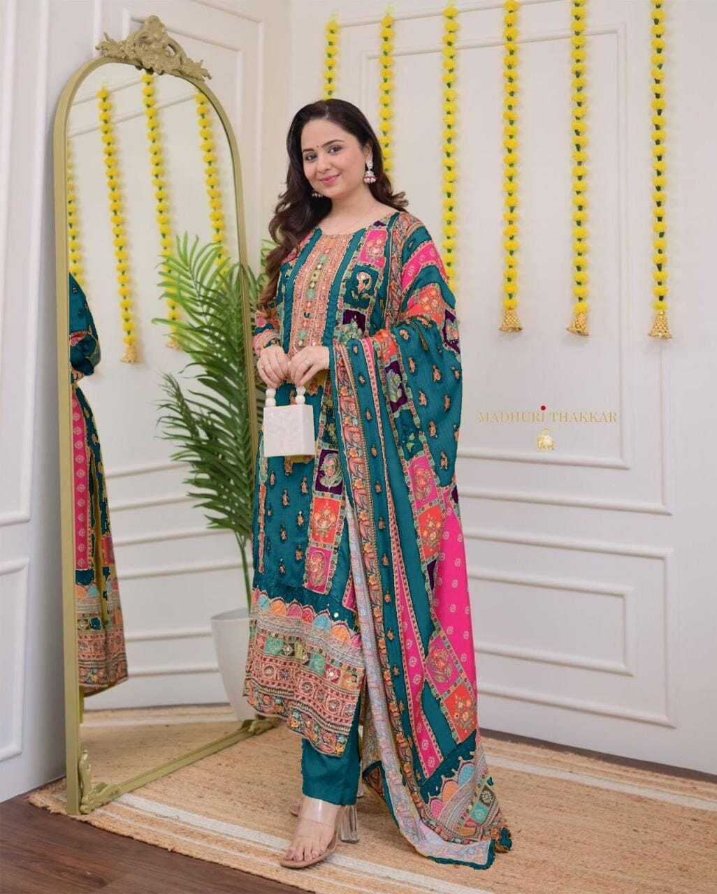 Turquoise Multicoloured print with Embroidered Kurti with Dupatta and Pant Set Kurti with Bottom and Dupatta Shopin Di Apparels