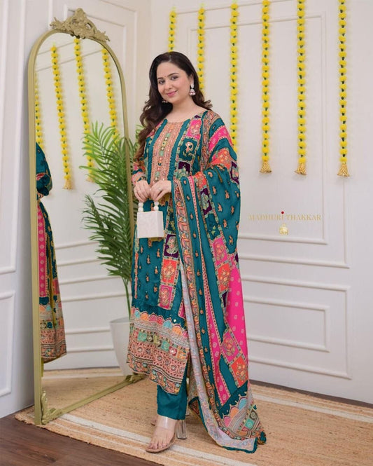 Turquoise Multicoloured print with Embroidered Kurti with Dupatta and Pant Set Kurti with Bottom and Dupatta Shopin Di Apparels