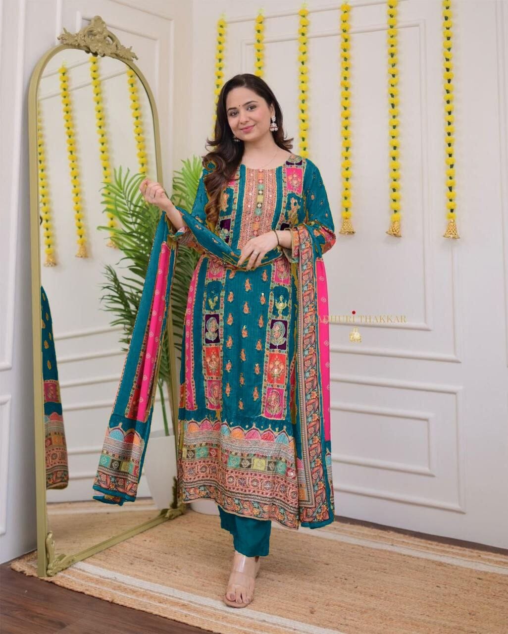 Turquoise Multicoloured print with Embroidered Kurti with Dupatta and Pant Set Kurti with Bottom and Dupatta Shopin Di Apparels