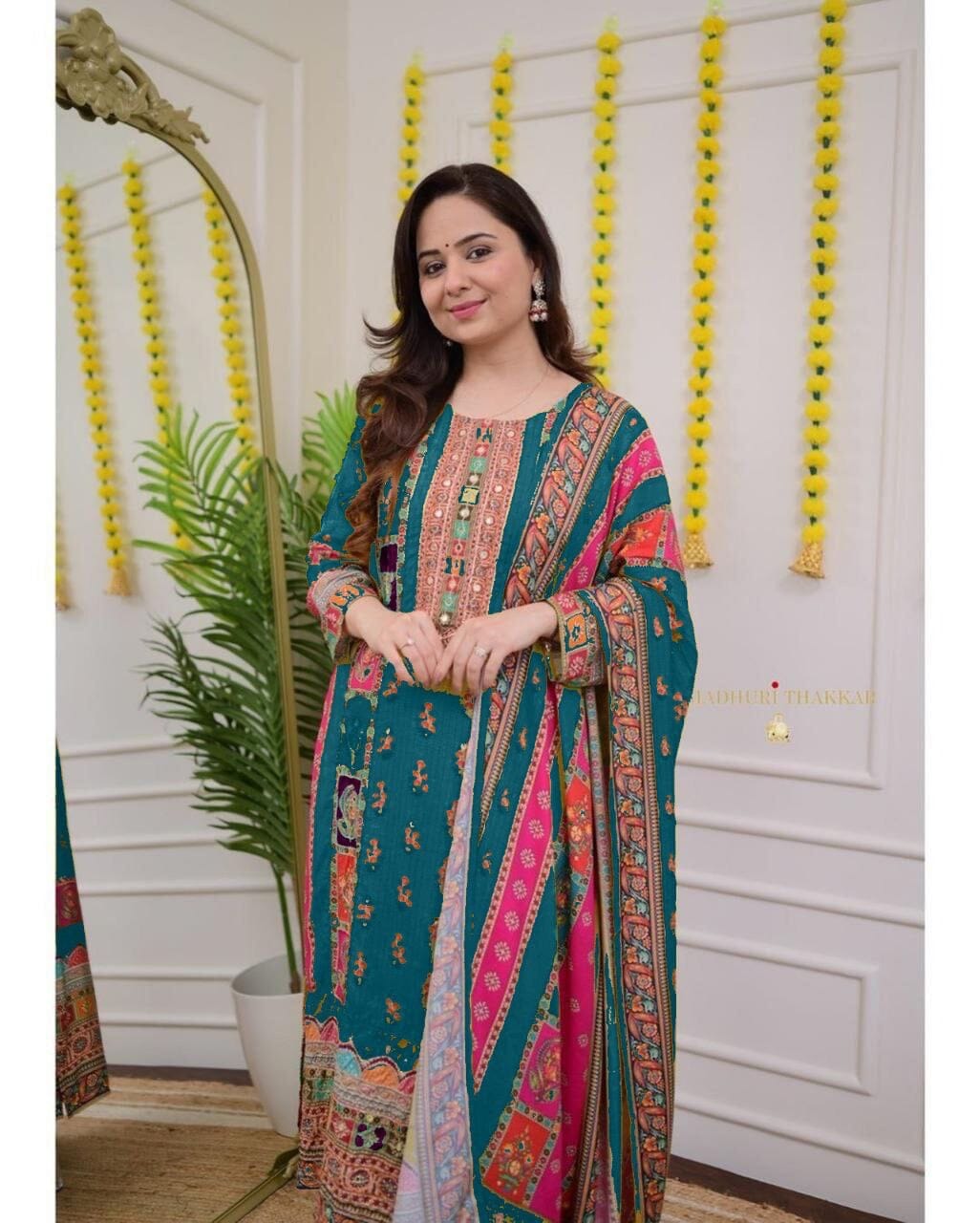 Turquoise Multicoloured print with Embroidered Kurti with Dupatta and Pant Set Kurti with Bottom and Dupatta Shopin Di Apparels