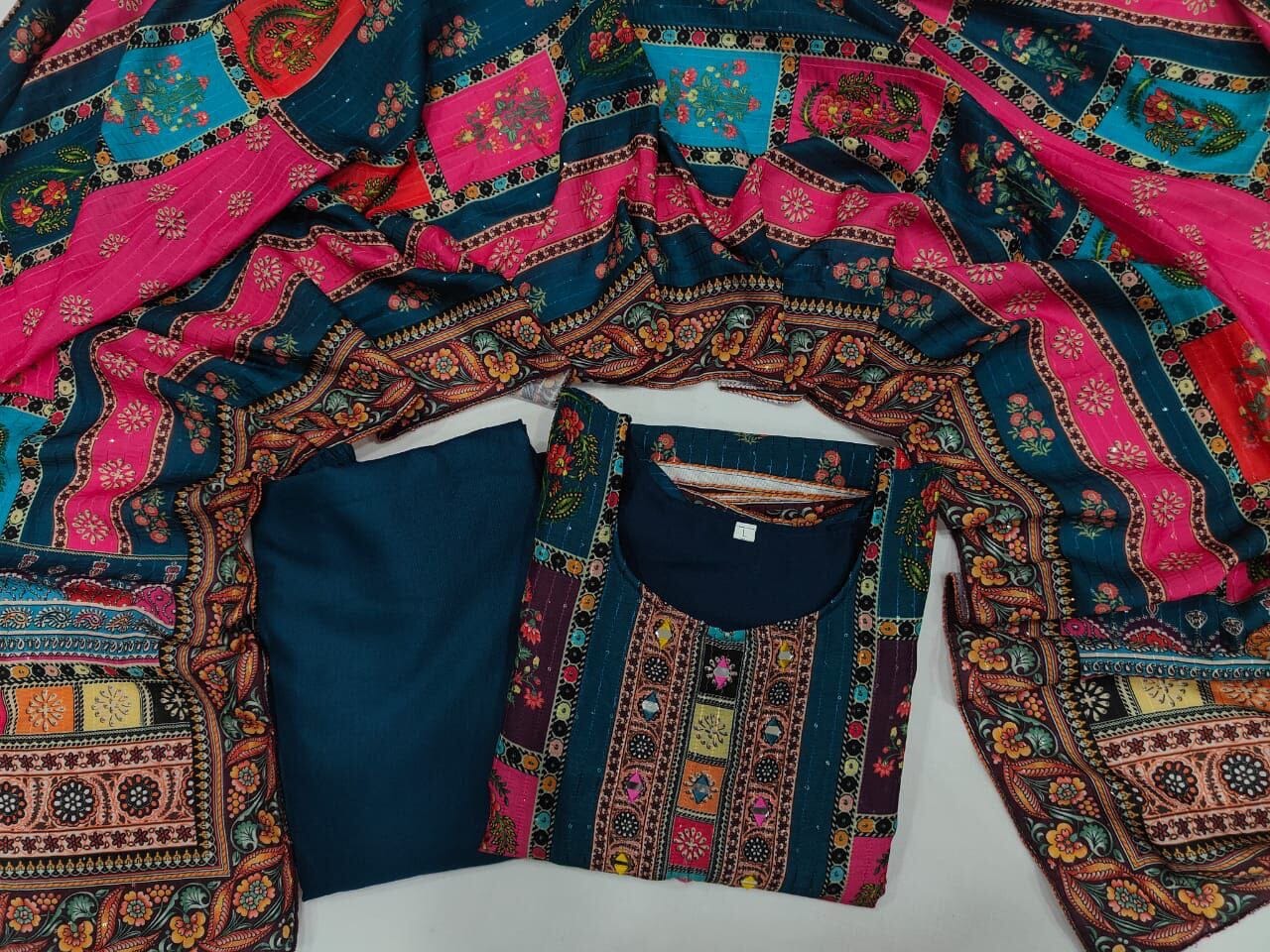 Turquoise Multicoloured print with Embroidered Kurti with Dupatta and Pant Set Kurti with Bottom and Dupatta Shopin Di Apparels