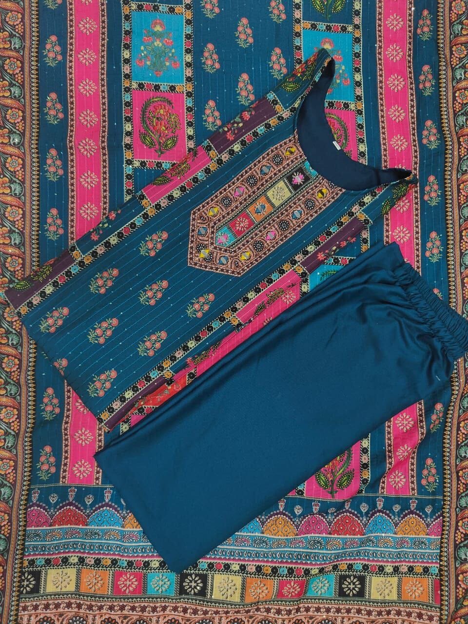 Turquoise Multicoloured print with Embroidered Kurti with Dupatta and Pant Set Kurti with Bottom and Dupatta Shopin Di Apparels