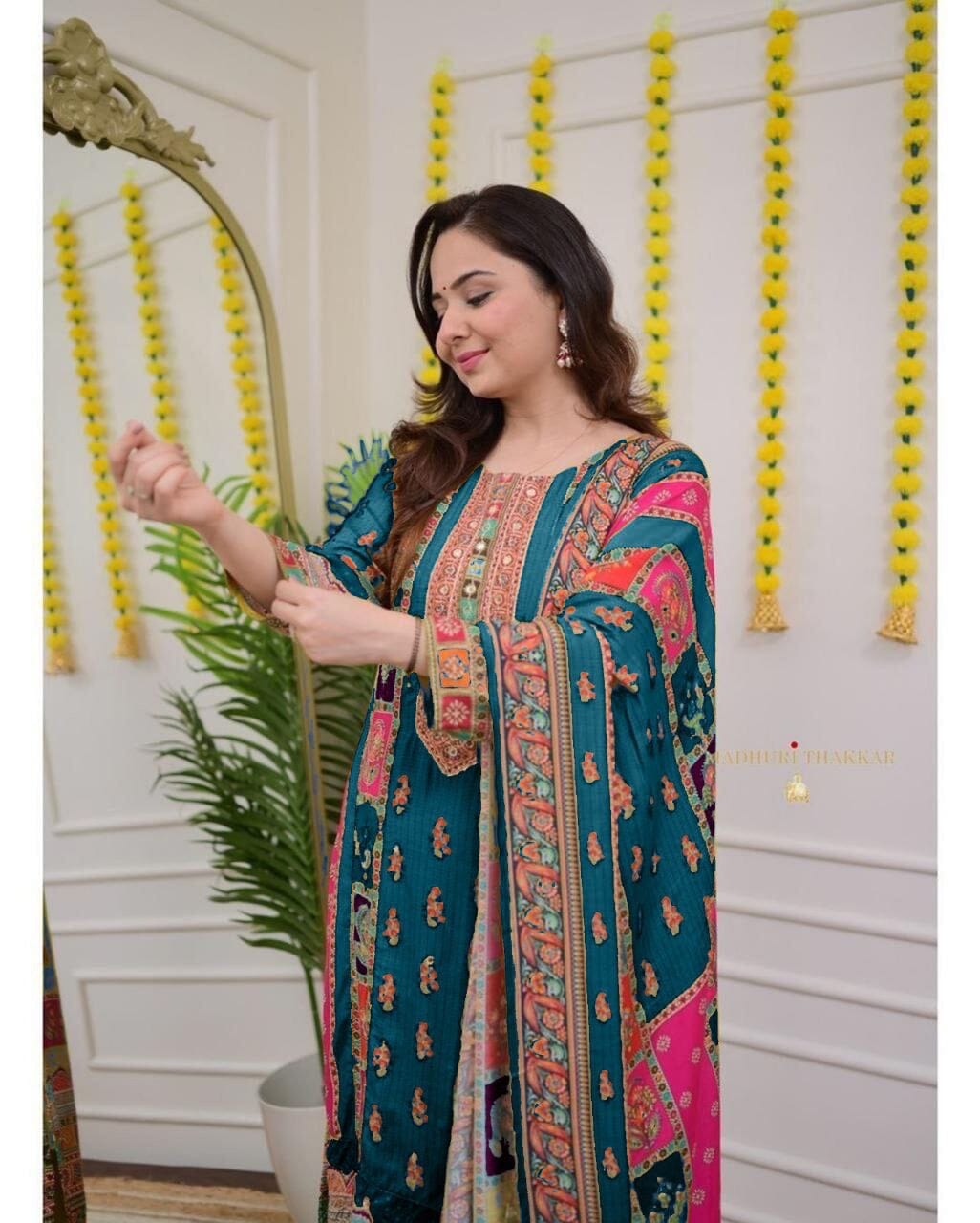 Turquoise Multicoloured print with Embroidered Kurti with Dupatta and Pant Set Kurti with Bottom and Dupatta Shopin Di Apparels