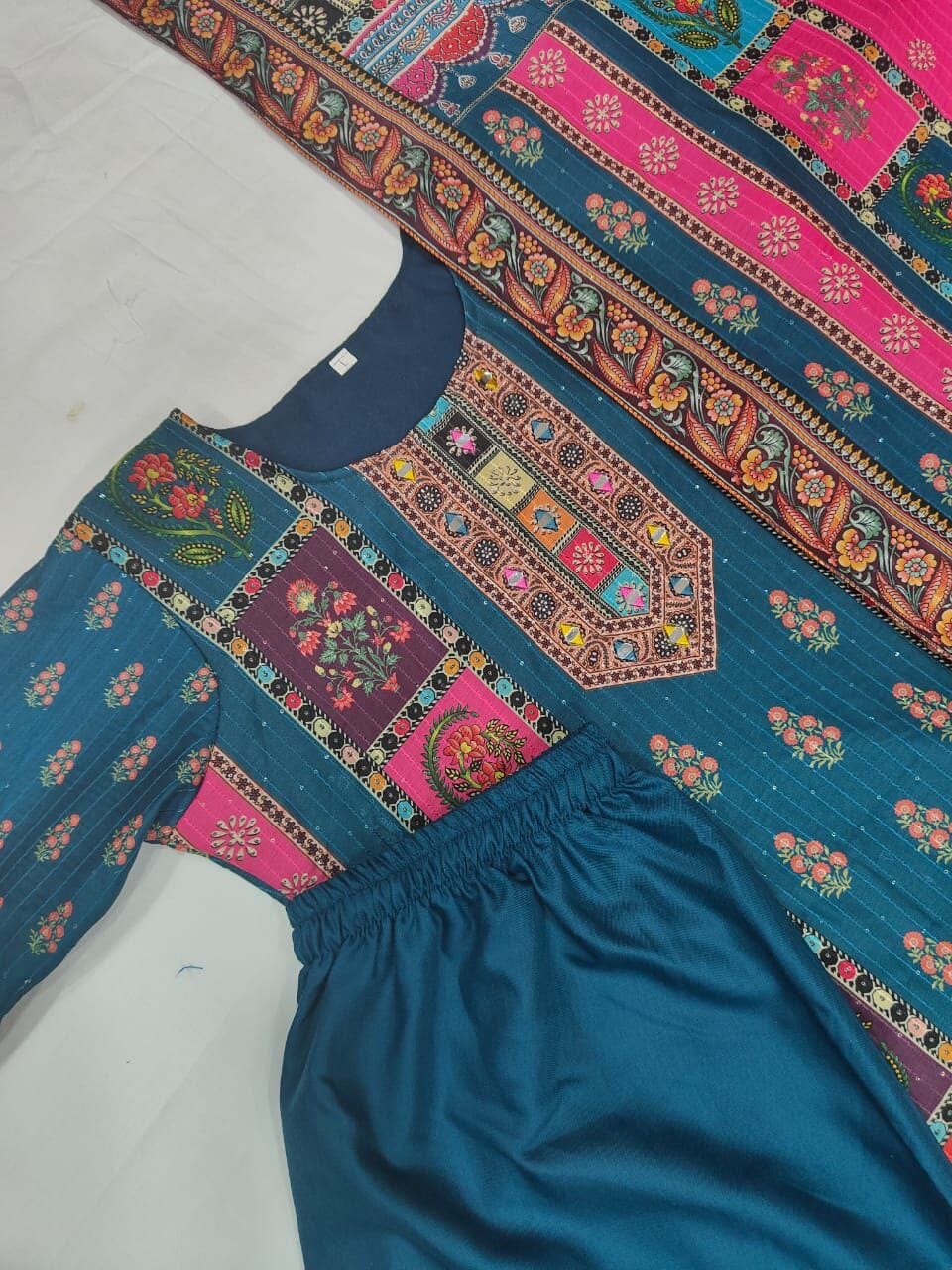 Turquoise Multicoloured print with Embroidered Kurti with Dupatta and Pant Set Kurti with Bottom and Dupatta Shopin Di Apparels