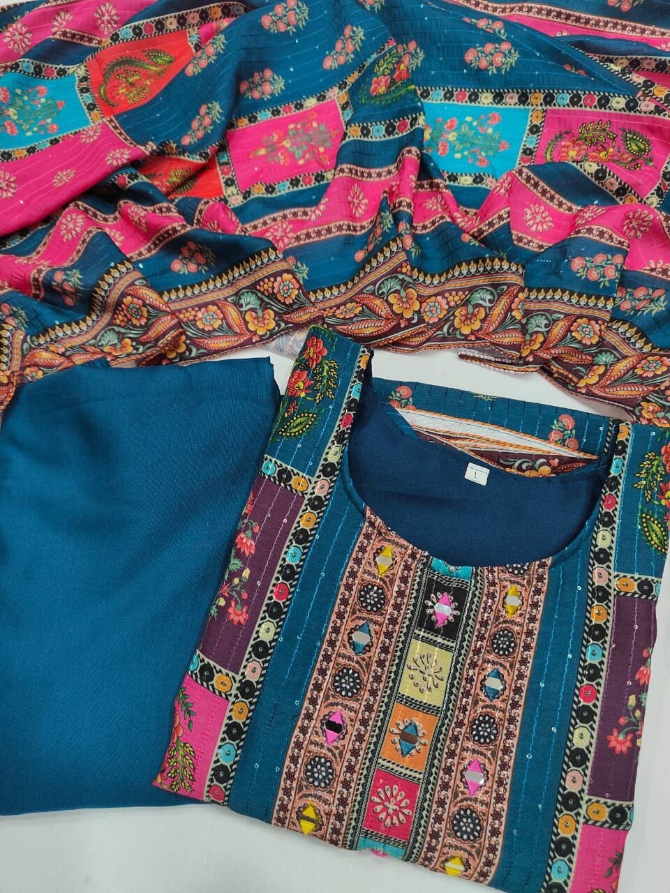 Turquoise Multicoloured print with Embroidered Kurti with Dupatta and Pant Set Kurti with Bottom and Dupatta Shopin Di Apparels