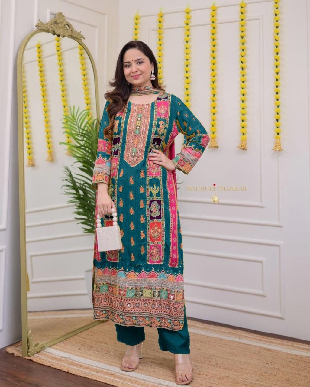 Turquoise Multicoloured print with Embroidered Kurti with Dupatta and Pant Set Kurti with Bottom and Dupatta Shopin Di Apparels