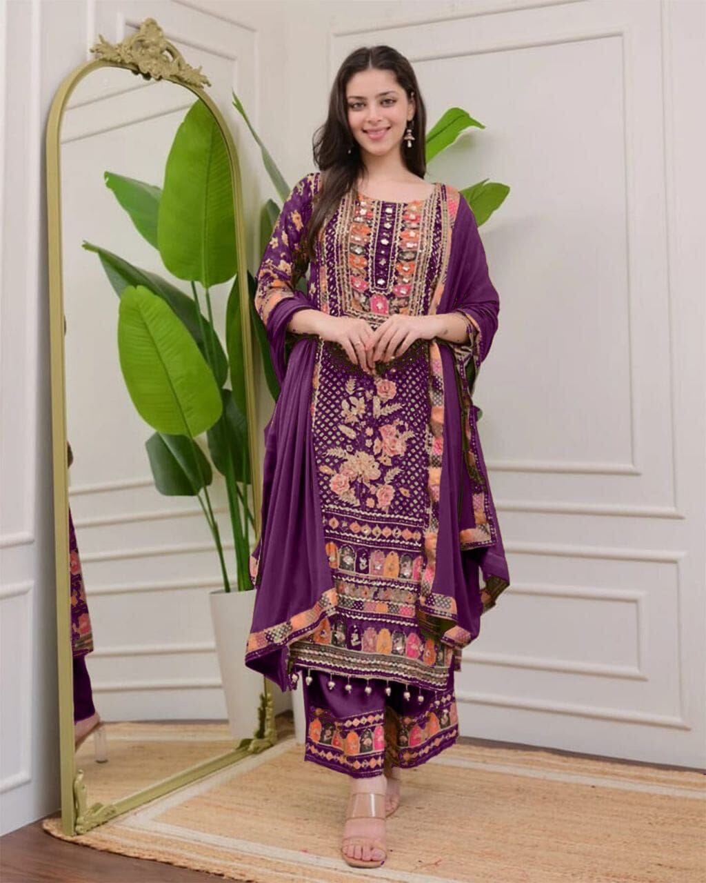 Violet Multicoloured print with Embroidered Kurti with Dupatta and Pant Set Kurti with Bottom and Dupatta Shopin Di Apparels
