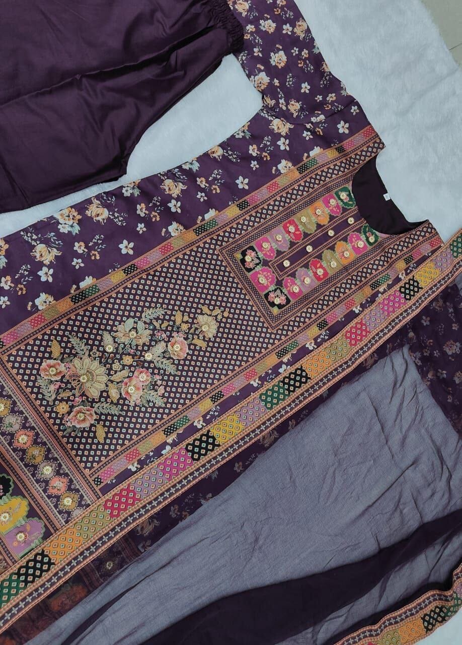 Violet Multicoloured print with Embroidered Kurti with Dupatta and Pant Set Kurti with Bottom and Dupatta Shopin Di Apparels