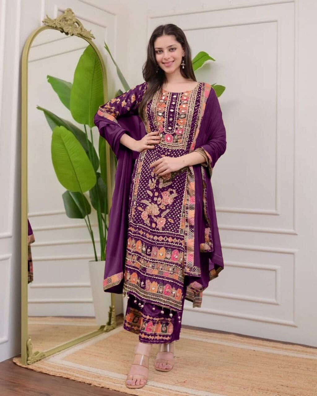 Violet Multicoloured print with Embroidered Kurti with Dupatta and Pant Set Kurti with Bottom and Dupatta Shopin Di Apparels