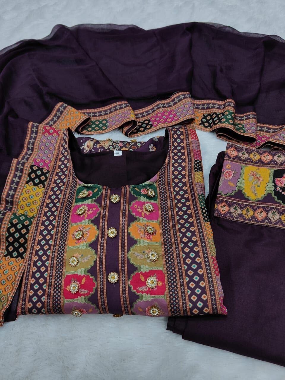 Violet Multicoloured print with Embroidered Kurti with Dupatta and Pant Set Kurti with Bottom and Dupatta Shopin Di Apparels