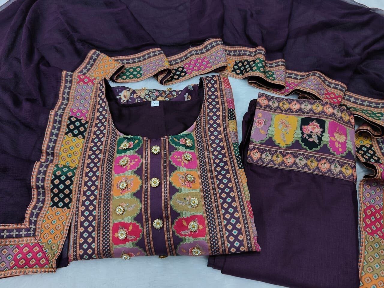 Violet Multicoloured print with Embroidered Kurti with Dupatta and Pant Set Kurti with Bottom and Dupatta Shopin Di Apparels