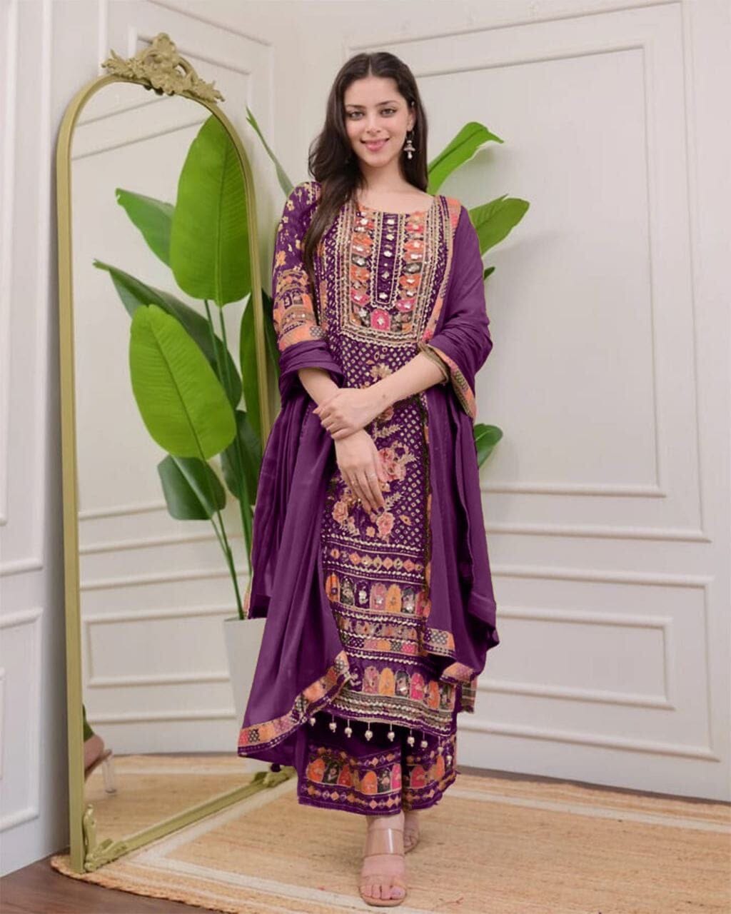 Violet Multicoloured print with Embroidered Kurti with Dupatta and Pant Set Kurti with Bottom and Dupatta Shopin Di Apparels