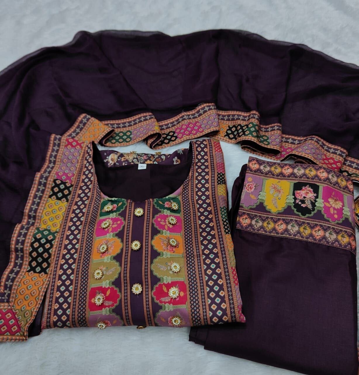 Violet Multicoloured print with Embroidered Kurti with Dupatta and Pant Set Kurti with Bottom and Dupatta Shopin Di Apparels