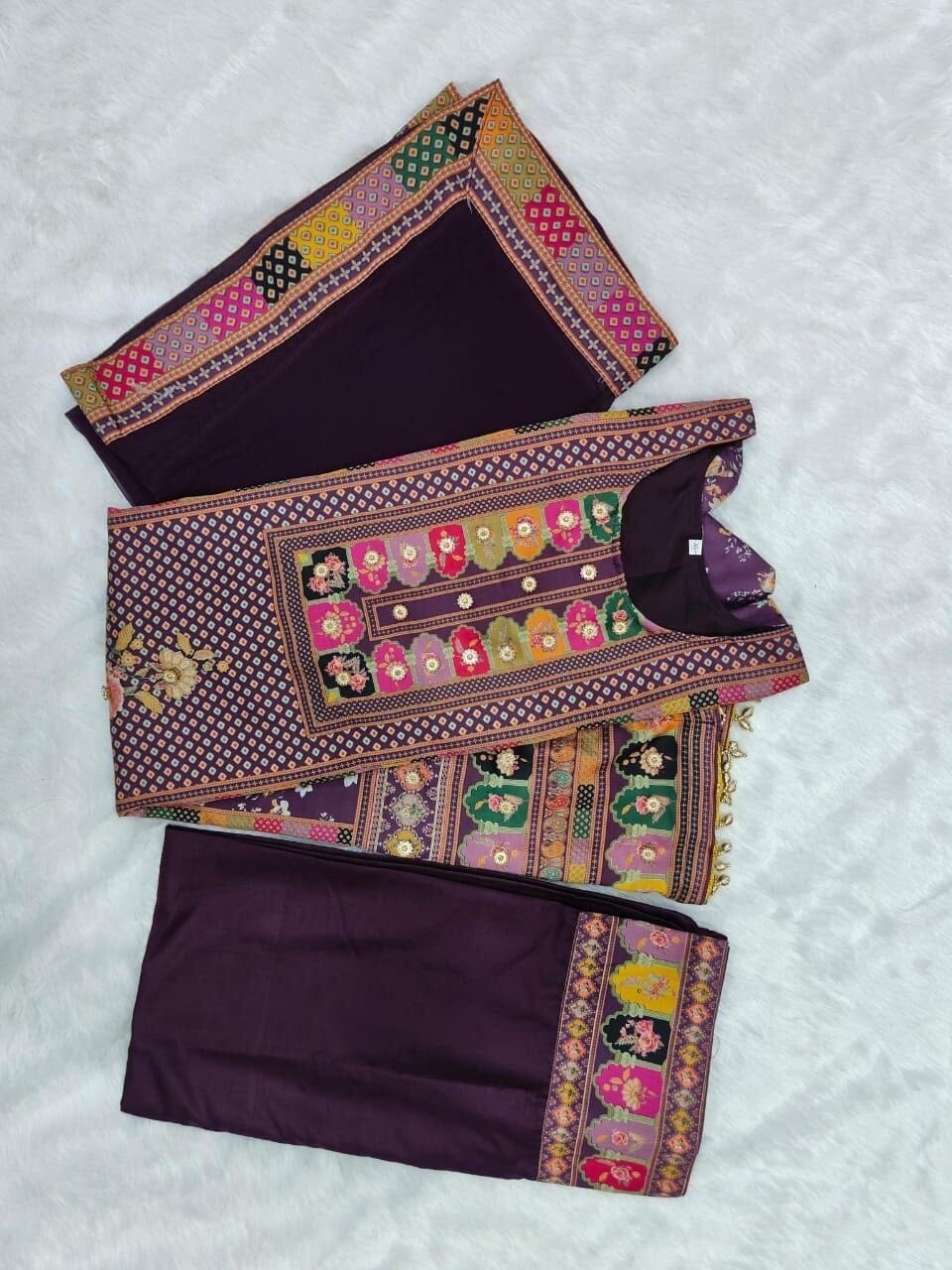 Violet Multicoloured print with Embroidered Kurti with Dupatta and Pant Set Kurti with Bottom and Dupatta Shopin Di Apparels