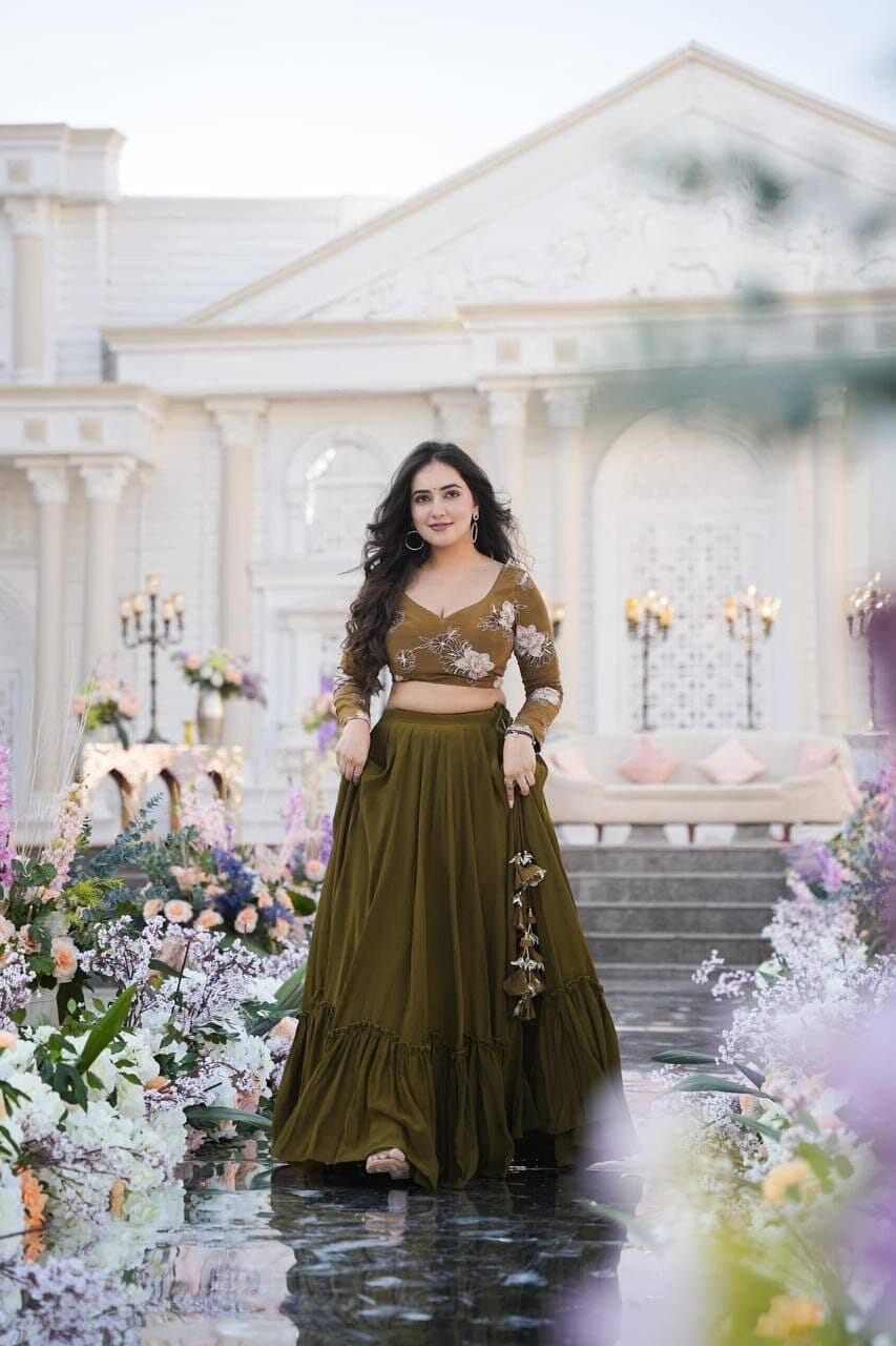 Wedding Gala Olive Green Blooming Georgette Lehenga Choli Set Shopin Di Apparels