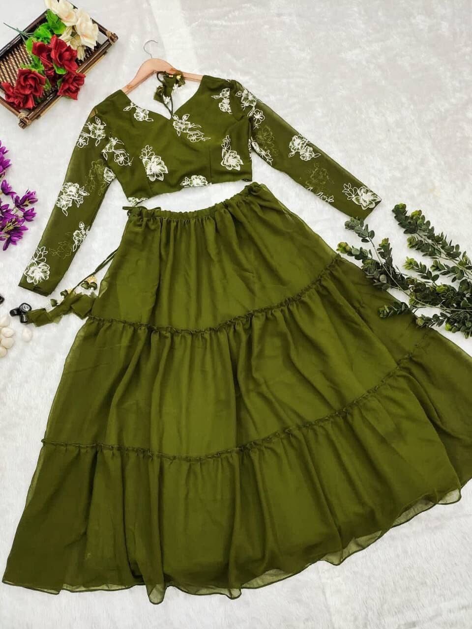 Wedding Gala Olive Green Blooming Georgette Lehenga Choli Set Shopin Di Apparels