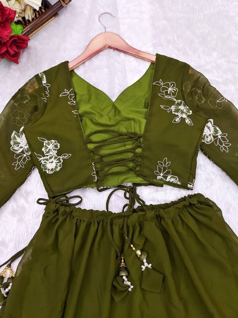 Wedding Gala Olive Green Blooming Georgette Lehenga Choli Set Shopin Di Apparels