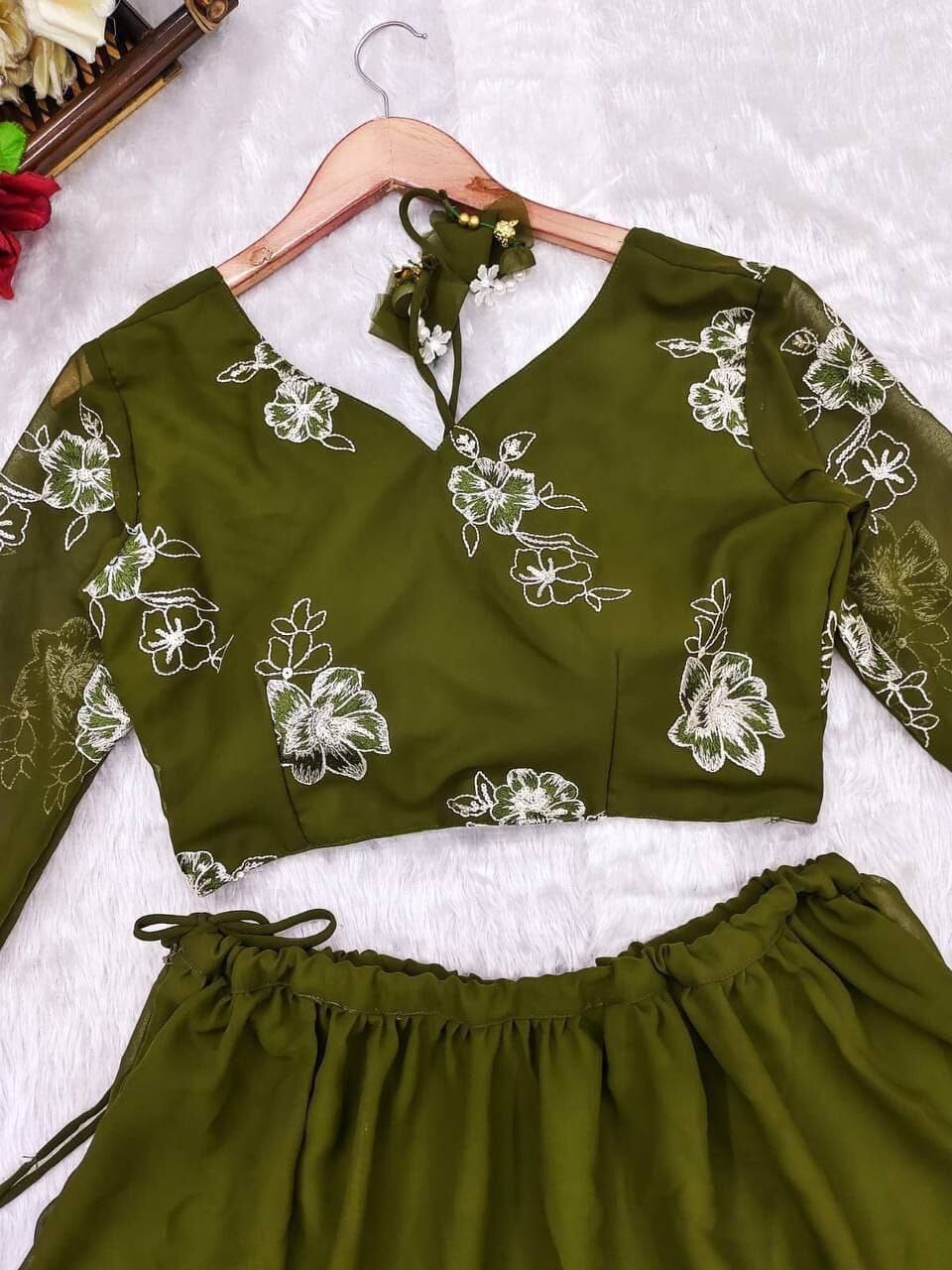 Wedding Gala Olive Green Blooming Georgette Lehenga Choli Set Shopin Di Apparels