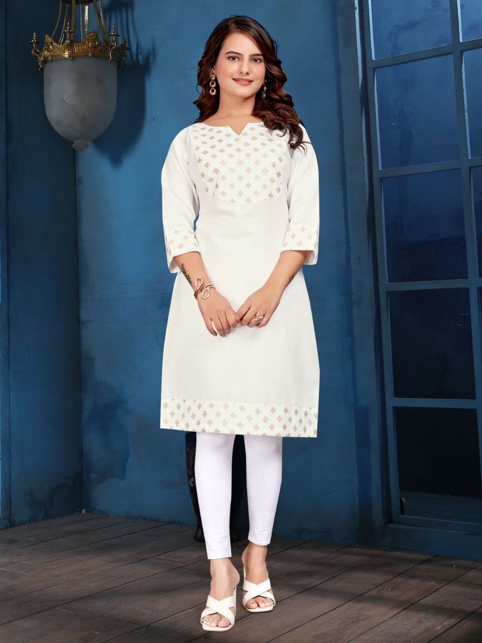 White Cotton Kurti with Foil Print Kurti Shopin Di Apparels