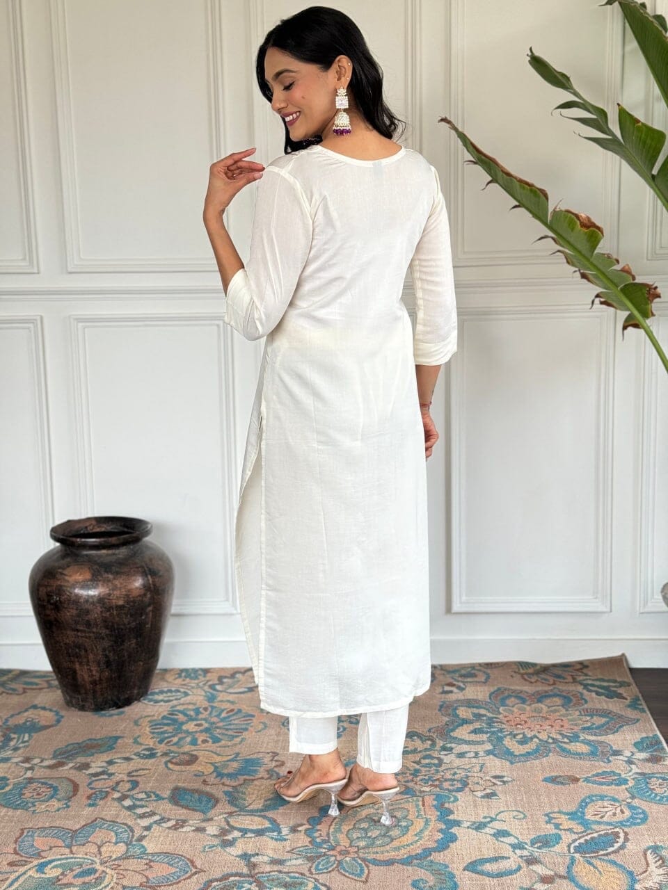 White Embroidered Chanderi Top with Najmin Dupatta and Pant set Kurti with Bottom and Dupatta Shopin Di Apparels