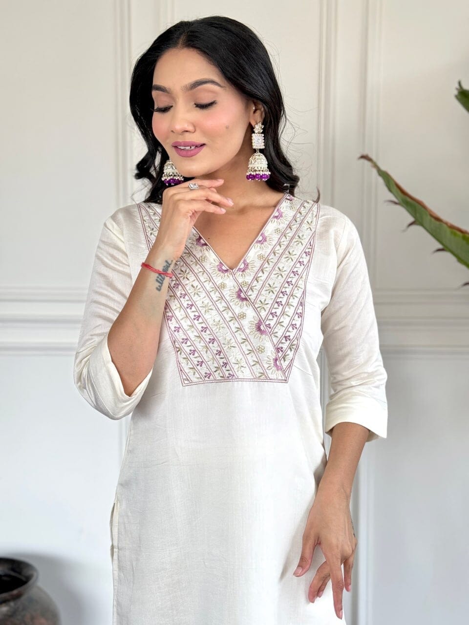 White Embroidered Chanderi Top with Najmin Dupatta and Pant set Kurti with Bottom and Dupatta Shopin Di Apparels