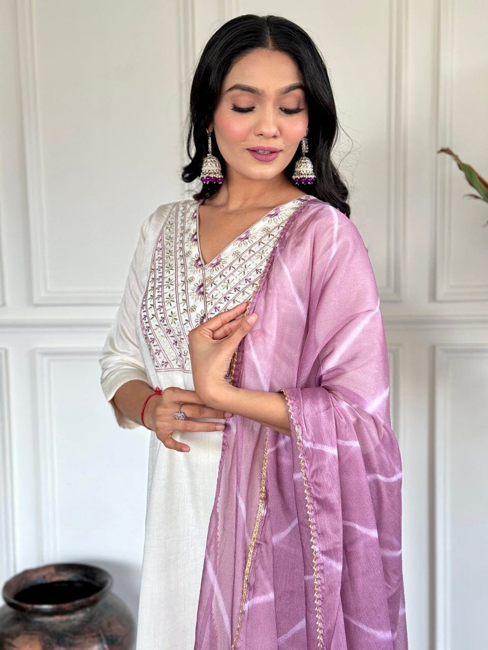 White Embroidered Chanderi Top with Najmin Dupatta and Pant set Kurti with Bottom and Dupatta Shopin Di Apparels