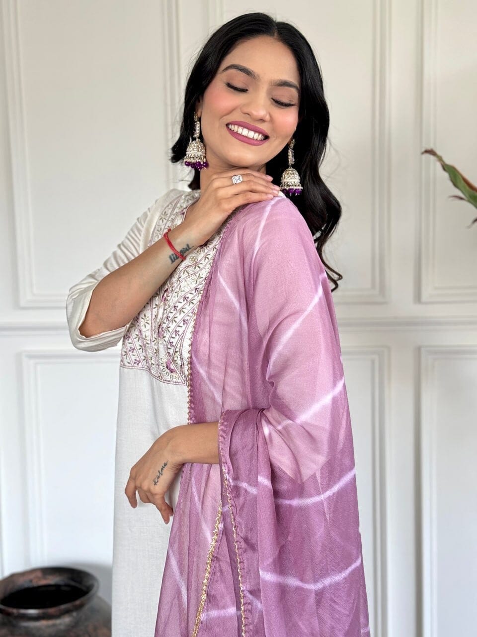 White Embroidered Chanderi Top with Najmin Dupatta and Pant set Kurti with Bottom and Dupatta Shopin Di Apparels