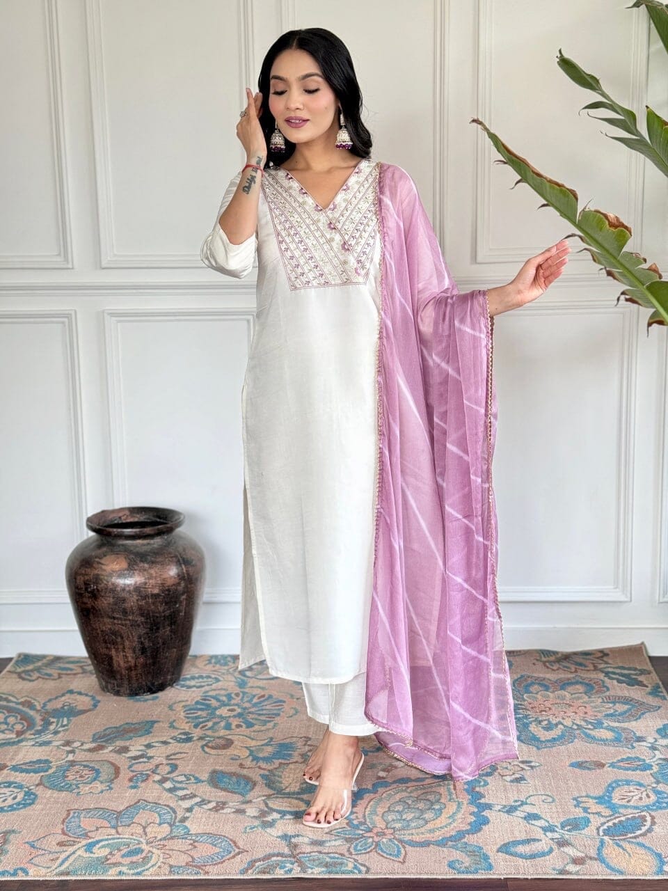 White Embroidered Chanderi Top with Najmin Dupatta and Pant set Kurti with Bottom and Dupatta Shopin Di Apparels