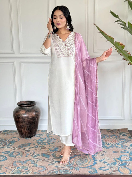 White Embroidered Chanderi Top with Najmin Dupatta and Pant set Kurti with Bottom and Dupatta Shopin Di Apparels