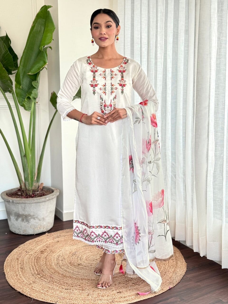 White Embroidered Chanderi Top with Silk Dupatta and Pant set Kurti with Bottom and Dupatta Shopin Di Apparels