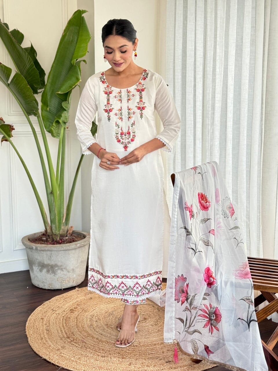 White Embroidered Chanderi Top with Silk Dupatta and Pant set Kurti with Bottom and Dupatta Shopin Di Apparels