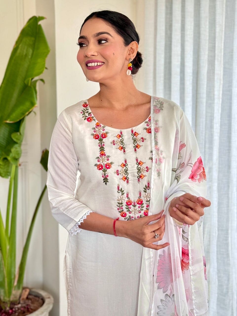 White Embroidered Chanderi Top with Silk Dupatta and Pant set Kurti with Bottom and Dupatta Shopin Di Apparels
