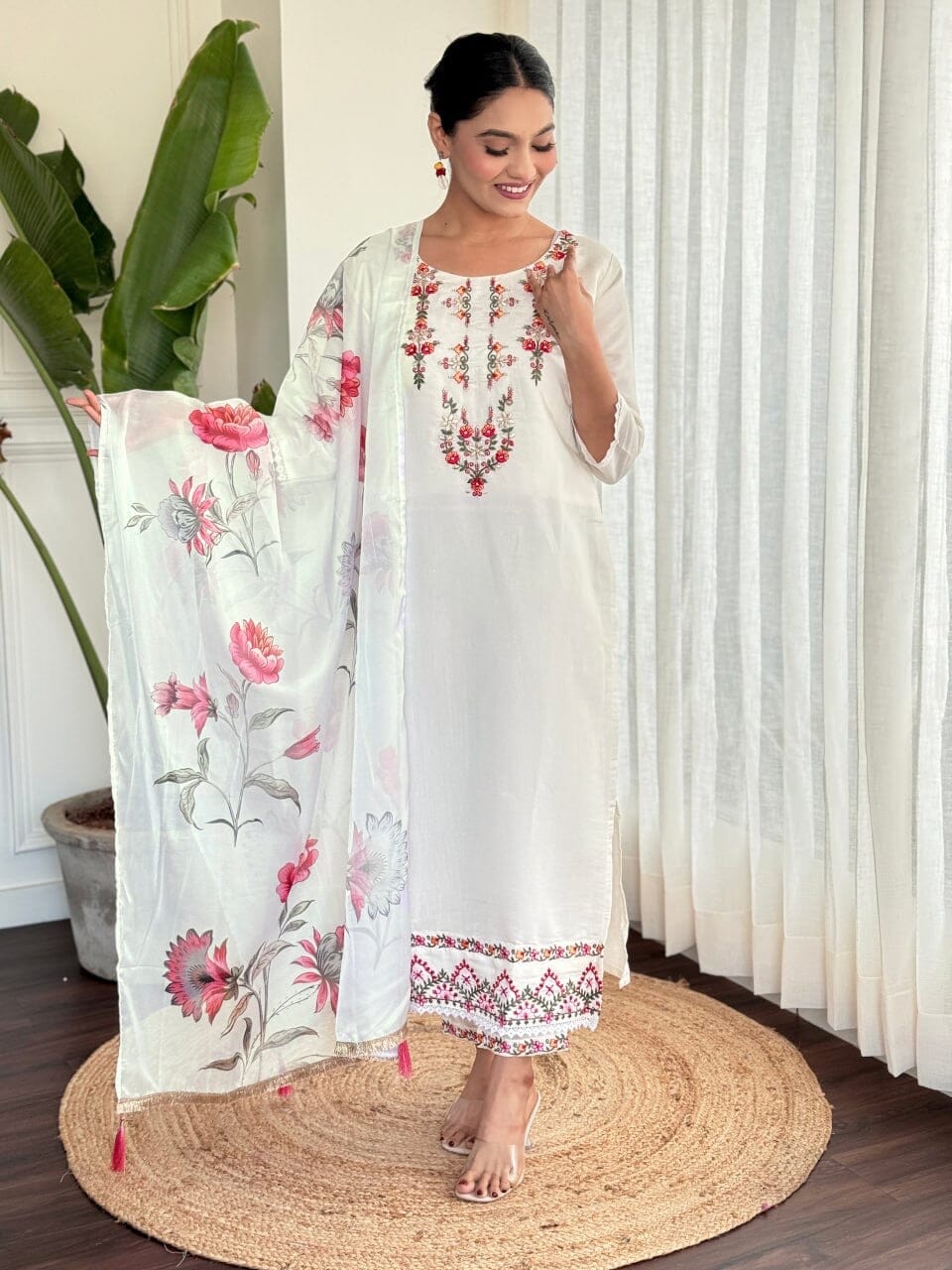 White Embroidered Chanderi Top with Silk Dupatta and Pant set Kurti with Bottom and Dupatta Shopin Di Apparels