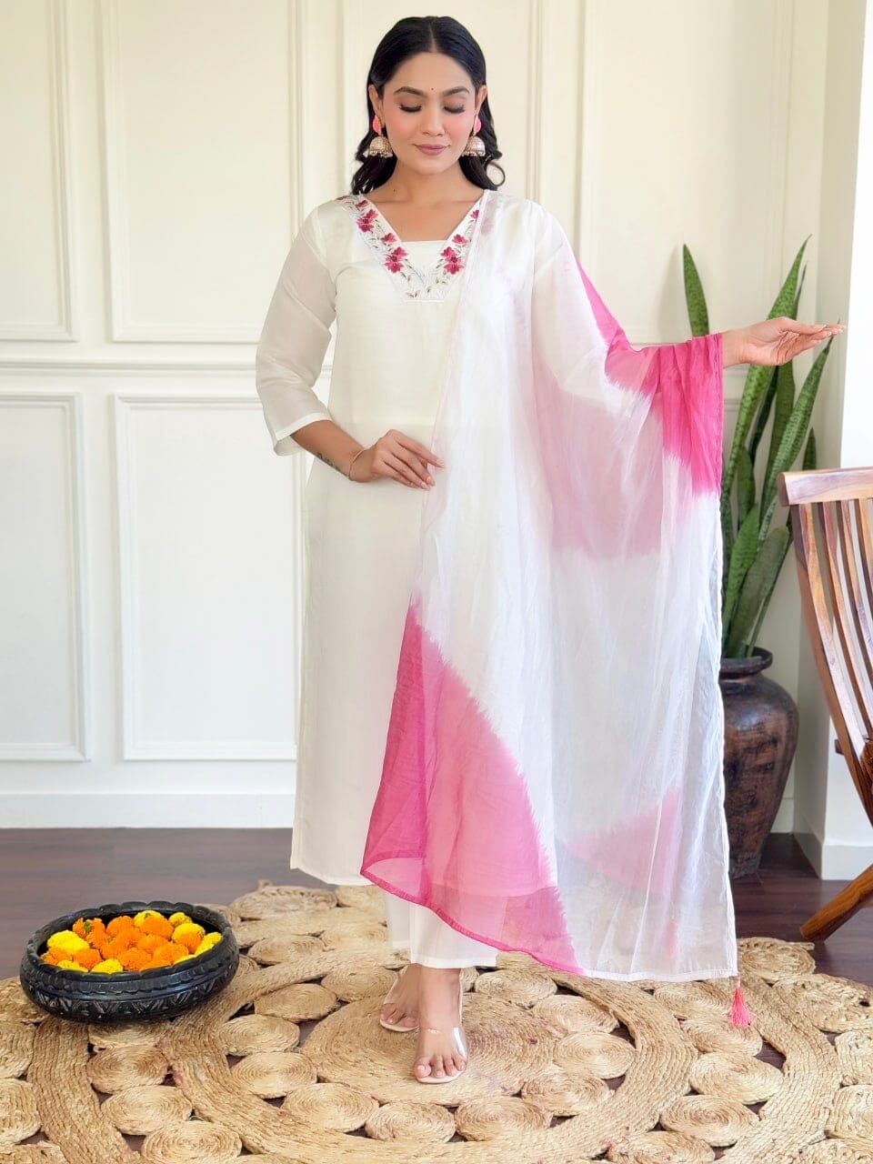 White Embroidered Chanderi Viscose Top with Nylon Dupatta and Pant set Kurti with Bottom and Dupatta Shopin Di Apparels