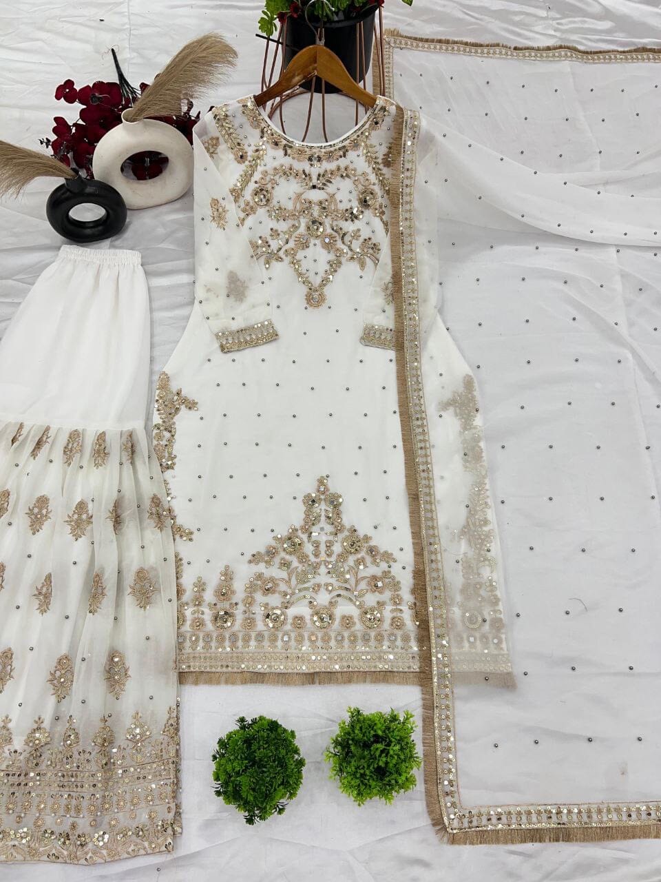 White Faux Georgette With Heavy Golden Embroidery Sequence Designer Readymade Suit Ready Made Designer Suits Shopin Di Apparels