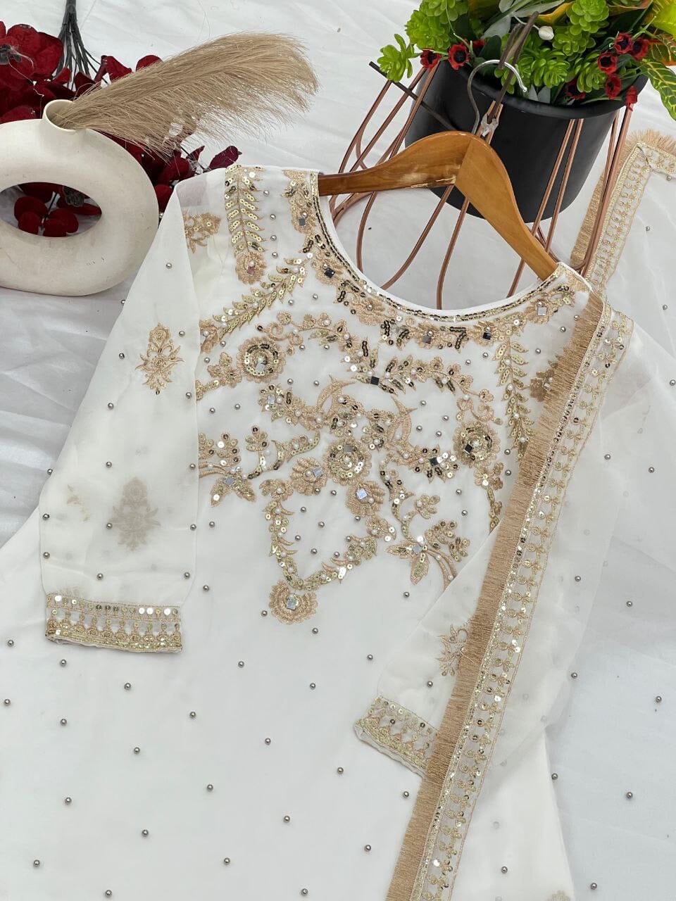 White Faux Georgette With Heavy Golden Embroidery Sequence Designer Readymade Suit Ready Made Designer Suits Shopin Di Apparels
