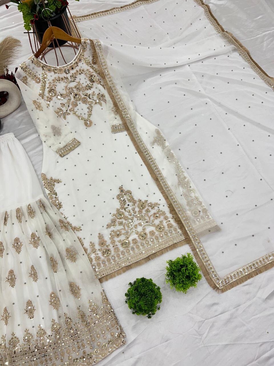 White Faux Georgette With Heavy Golden Embroidery Sequence Designer Readymade Suit Ready Made Designer Suits Shopin Di Apparels