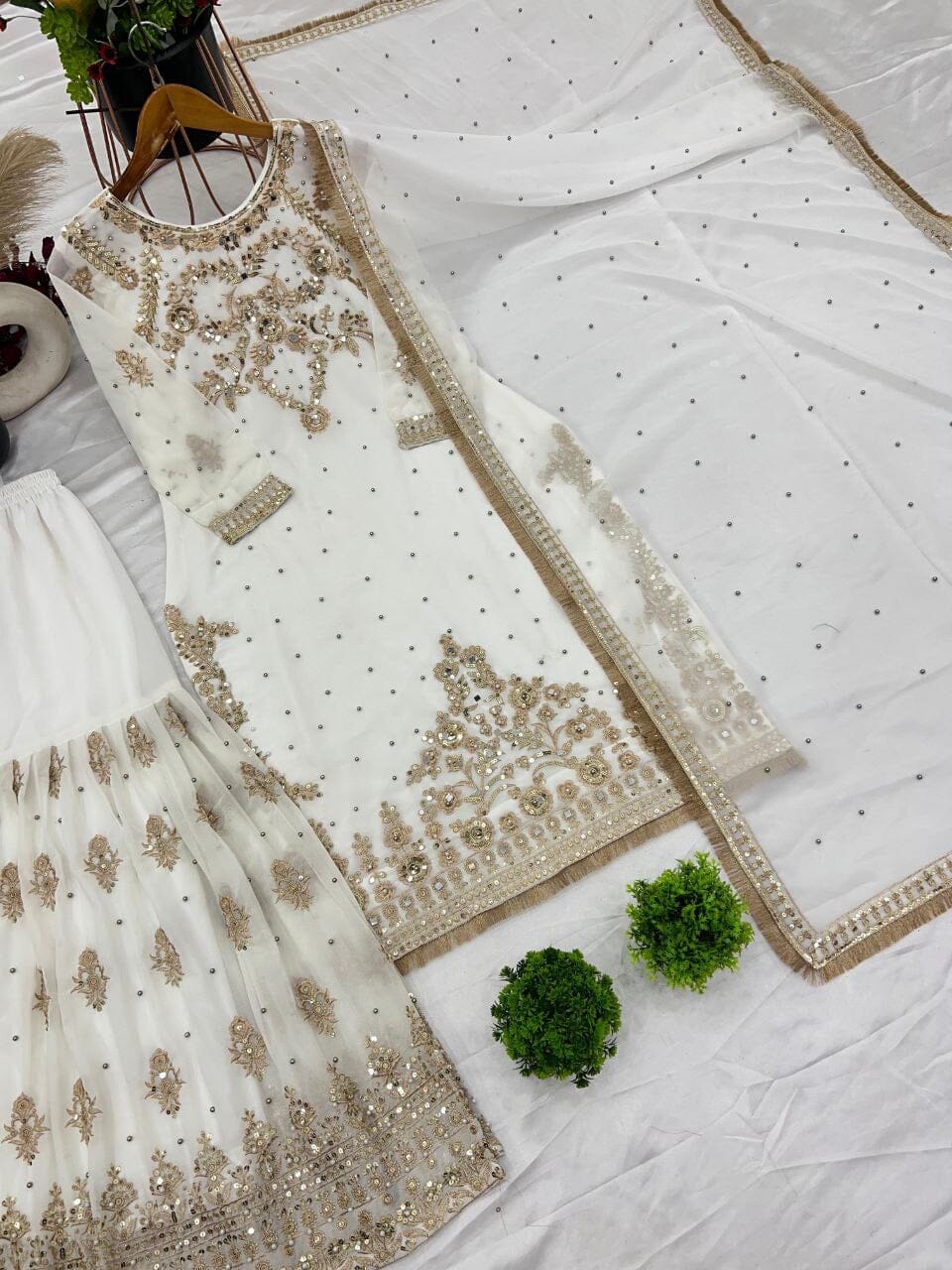 White Faux Georgette With Heavy Golden Embroidery Sequence Designer Readymade Suit Ready Made Designer Suits Shopin Di Apparels