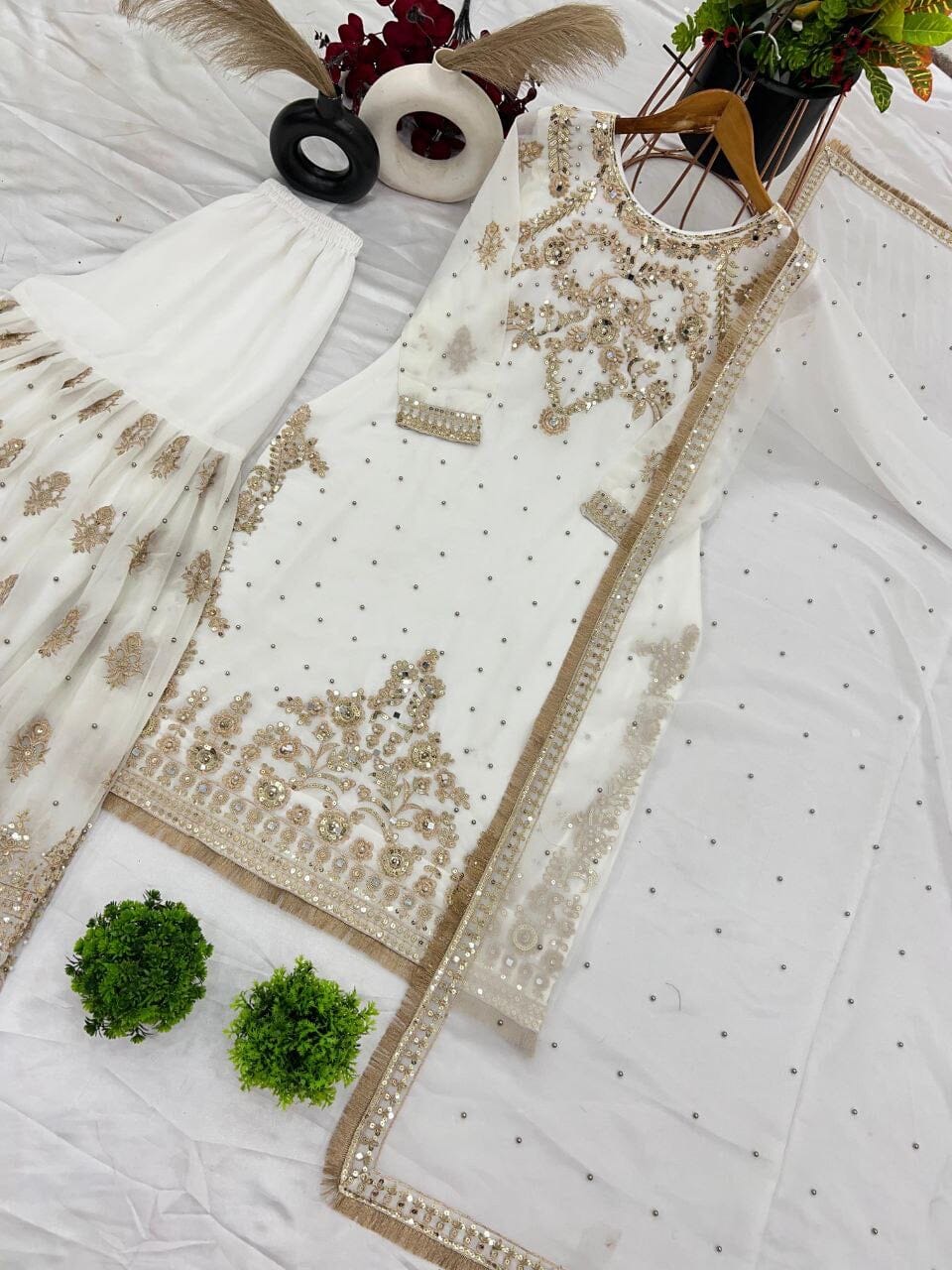 White Faux Georgette With Heavy Golden Embroidery Sequence Designer Readymade Suit Ready Made Designer Suits Shopin Di Apparels
