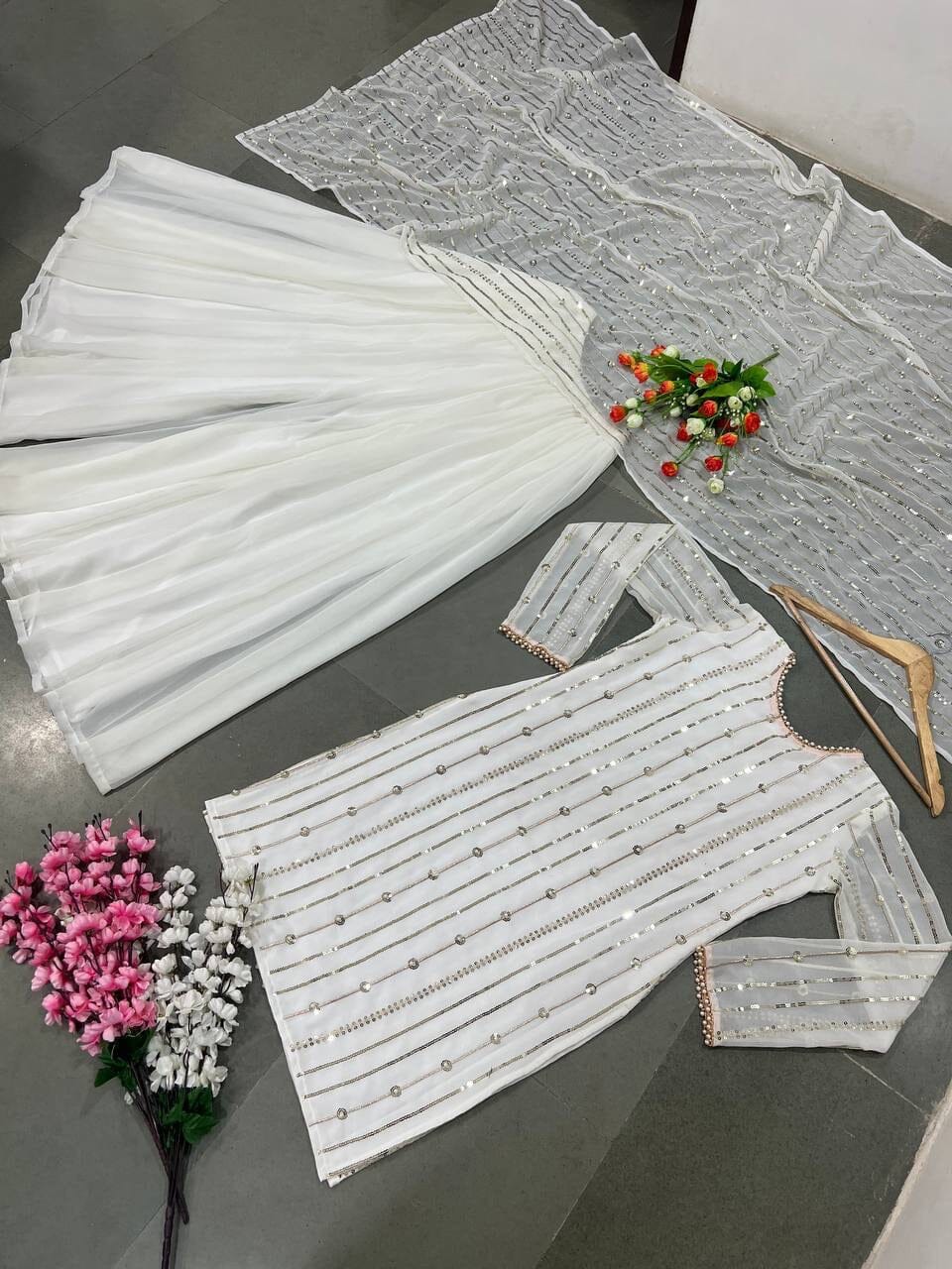 White Heavy Faux Georgette With Heavy Embroidery Sequence Plazzo Suit Designer Suits Shopin Di Apparels