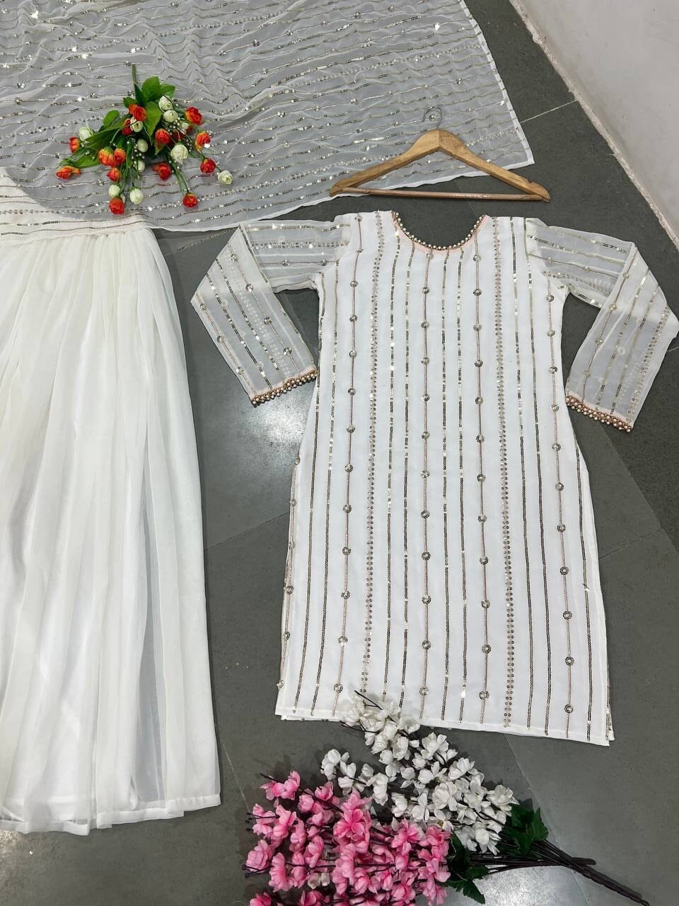 White Heavy Faux Georgette With Heavy Embroidery Sequence Plazzo Suit Designer Suits Shopin Di Apparels